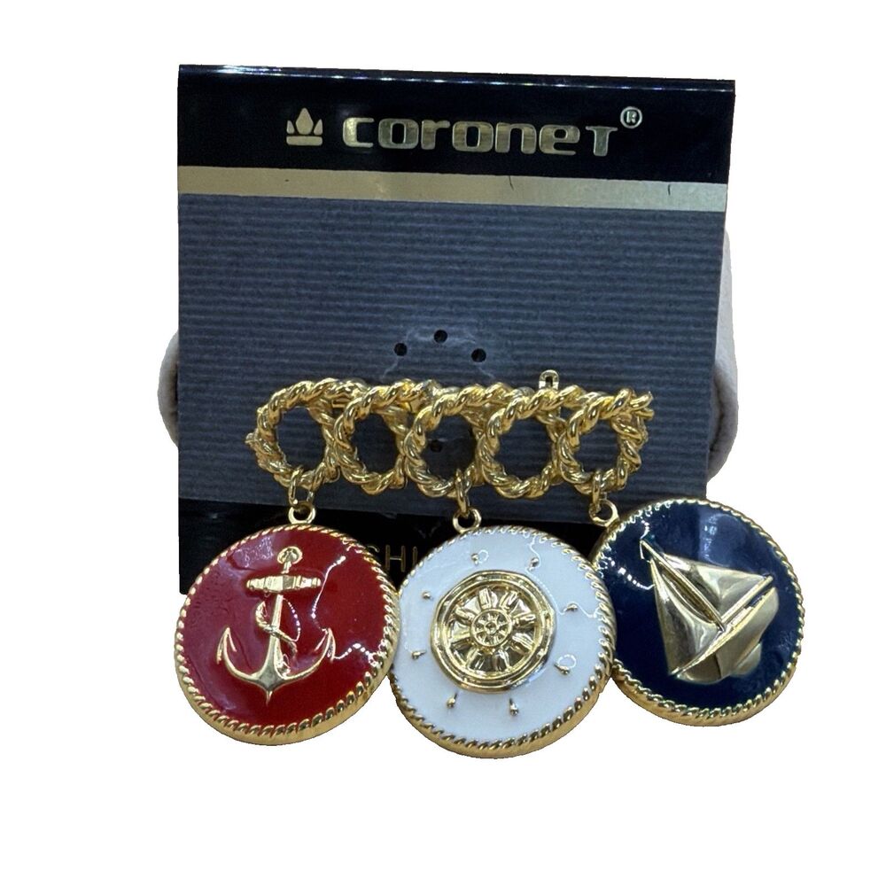 Vtg 1990s Coronet Nautical Anchor Brooch Pin Enamel Red White Blue Gold-Tone NWT